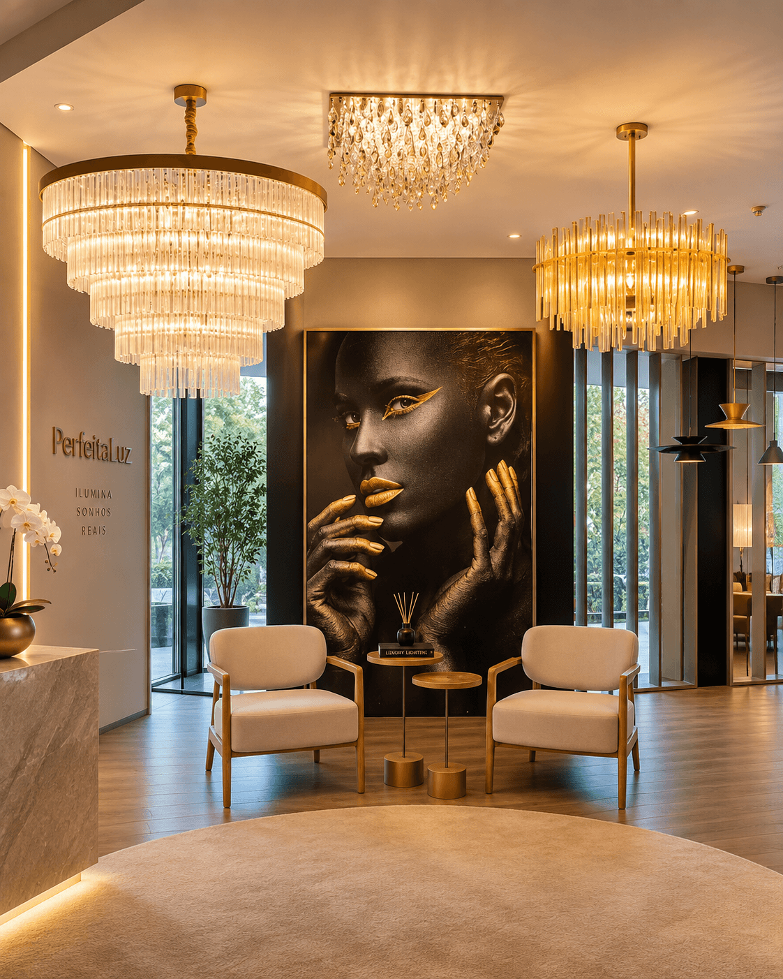 Showroom da Perfeita Luz em Alphaville, com ambientes montados e luminárias acesas